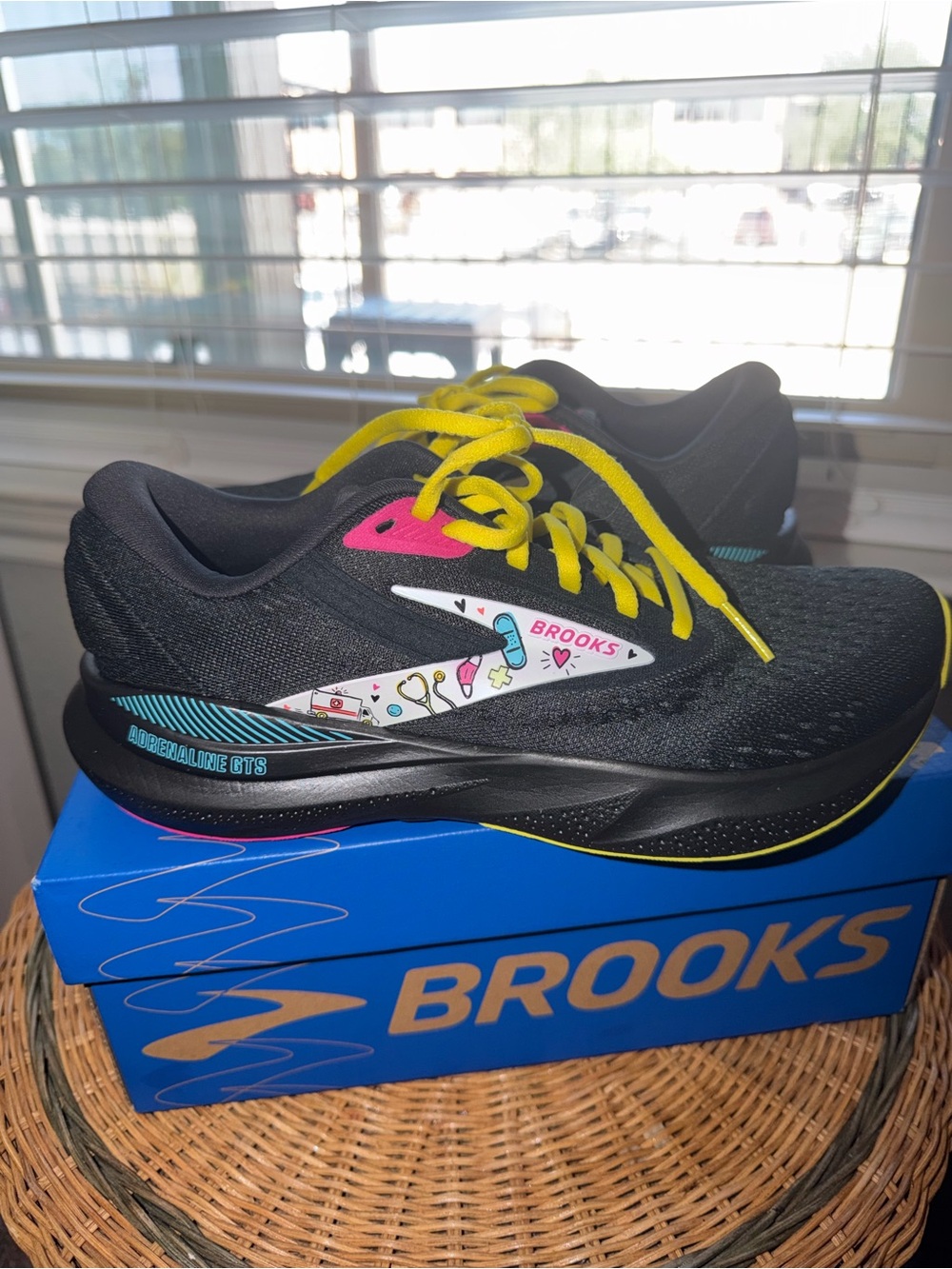 Brooks Women’s Black Sneakers with Yellow Laces and Pink Accents- Nurses Edition - Picture 2 of 2
